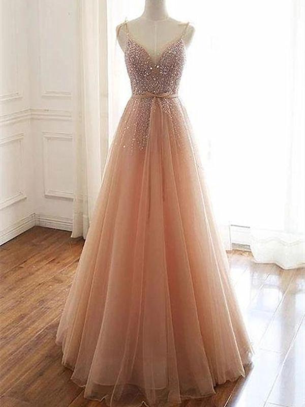 A Line V Neck Champagne Tulle Long Beaded Prom Dresses, Champagne Long   Eip Collection