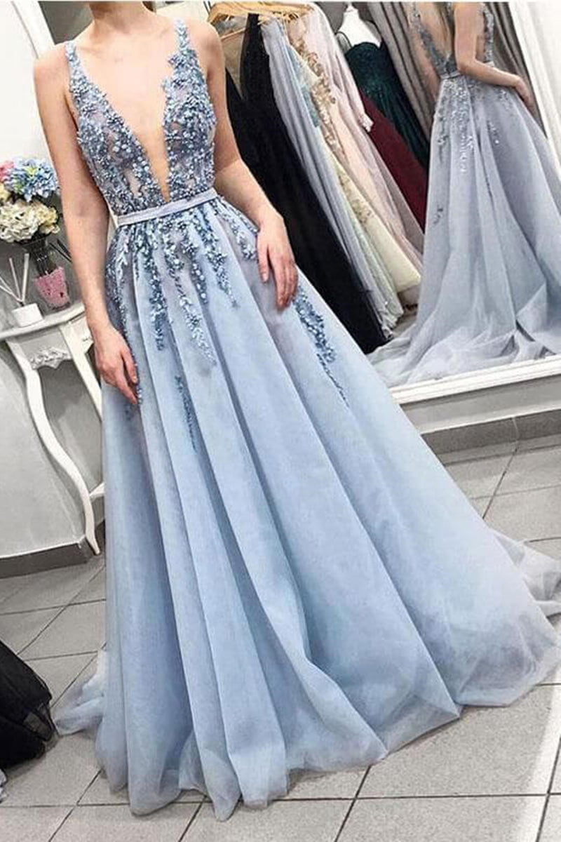 A Line V Neck Light Blue Long Prom Dresses with Star Sequins, Light Blue Formal Evening Dresses