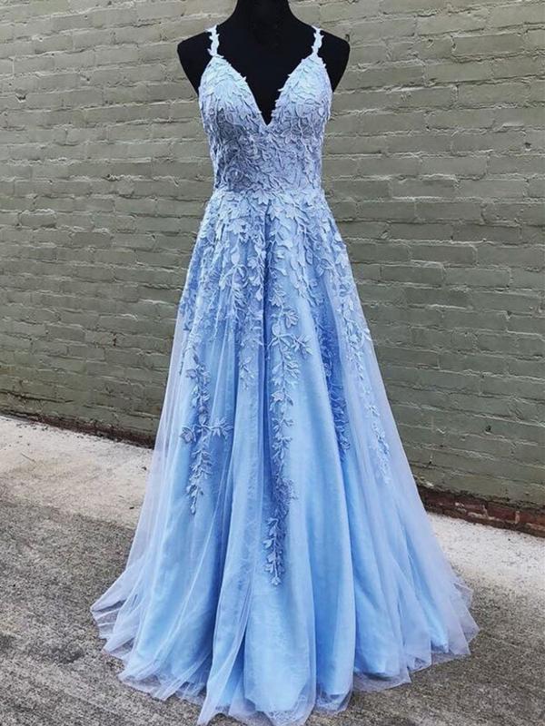 A Line V Neck Sky Blue Lace Prom Dresses, Light Blue Lace Formal Eveni Eip Collection A Line V Neck Sky Blue Lace Prom Dresses, Light Blue Lace Formal Eveni Eip Collection