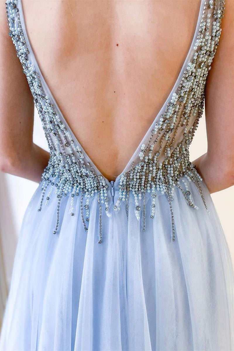 A Line V Neck Light Blue Tulle Beaded Long Prom Dresses, V Neck Blue F –  Eip Collection