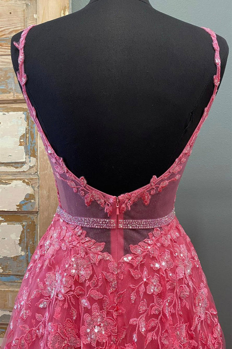 Hot Pink A-Line V Neck Backless Long Party Dress Evening Dress,DP1810