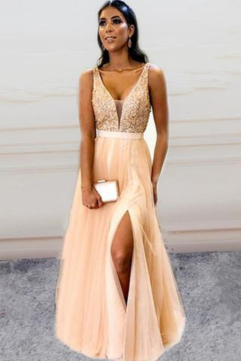 A Line Pink Pleated V Neck Prom Dress with Slit