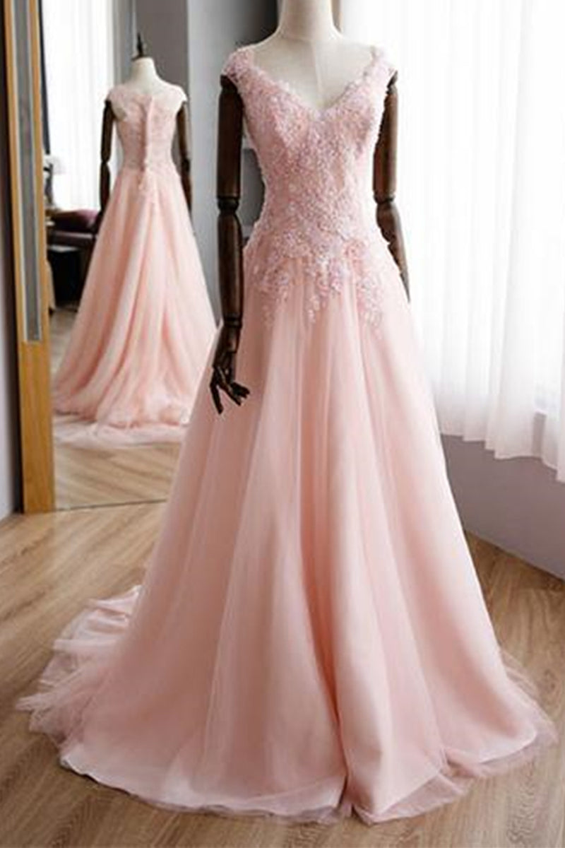 A Line V Neck Pink Lace Long Prom Dresses, Pink Lace Formal Graduation Evening Dresses EP1462 main image 0