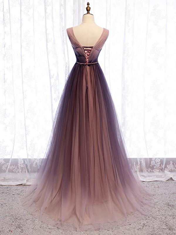 A Line V Neck Purple Ombre Prom Dresses V Neck Purple Ombre