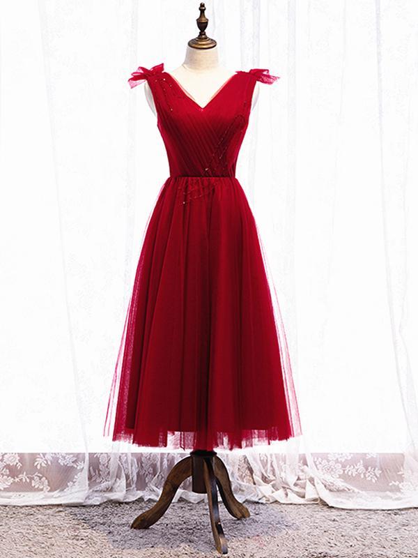 A Line V Neck Red Tea Length Prom Dress with Corset Back, Red Tea Leng –  Eip Collection