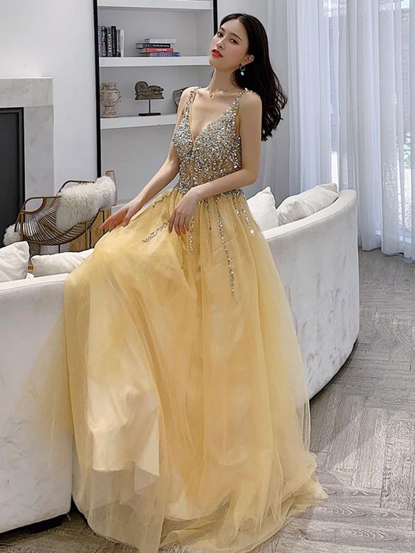 A Line V Neck Yellow Satin Long Prom Dresses, V Neck Backless Yellow Formal Evening Dresses