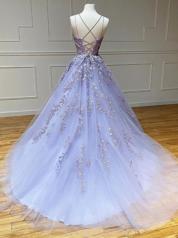 Backless Purple Lace Prom Dresses, Open Back Purple Lace Formal Evenin