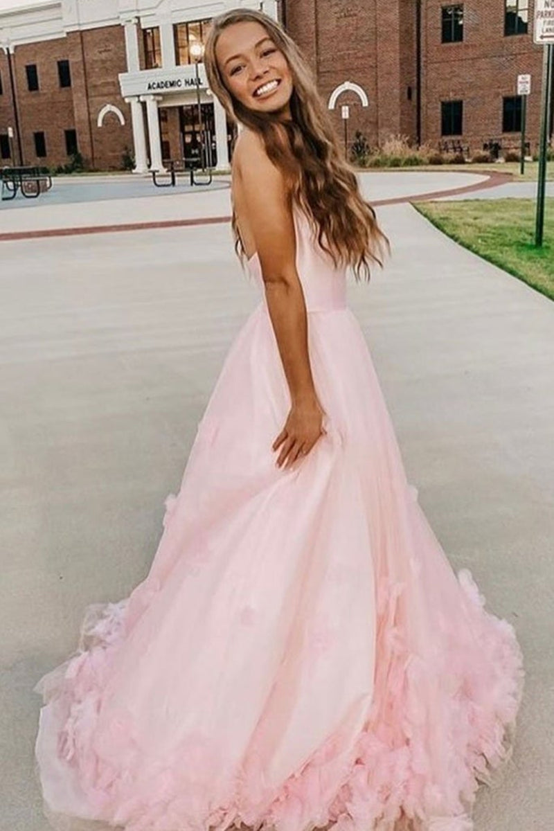 Beauty Pink Floral Tulle Long Prom Dresses Pink Formal Dresses