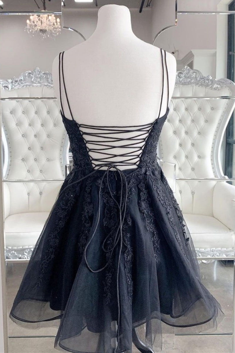 Black V Neck Backless Lace Short Prom Dresses, Backless Black Lace Hom