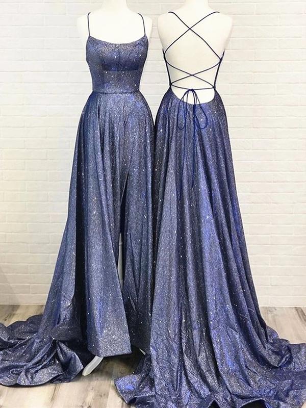 Bling Bling Backless Long Prom Dresses, Open Back Blue Long Formal Eve   Eip Collection