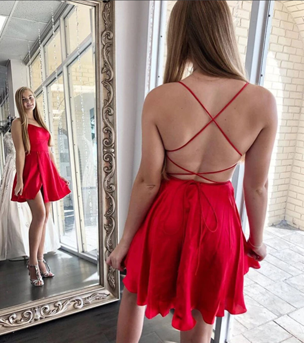 Cute Backless Burgundy Satin Short Prom Dresses Red Backless Homecomi