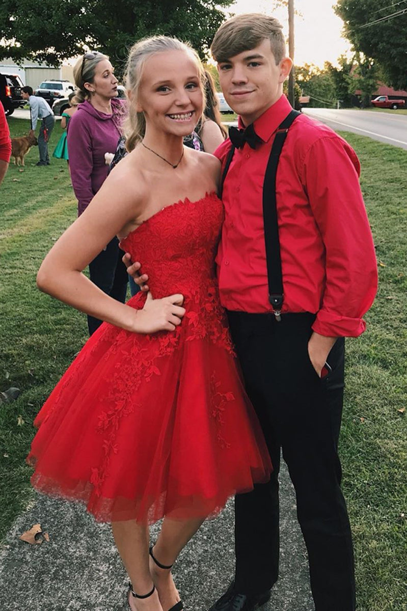 Cute Strapless Red Lace Short Prom Dresses Red Lace Homecoming Dresse