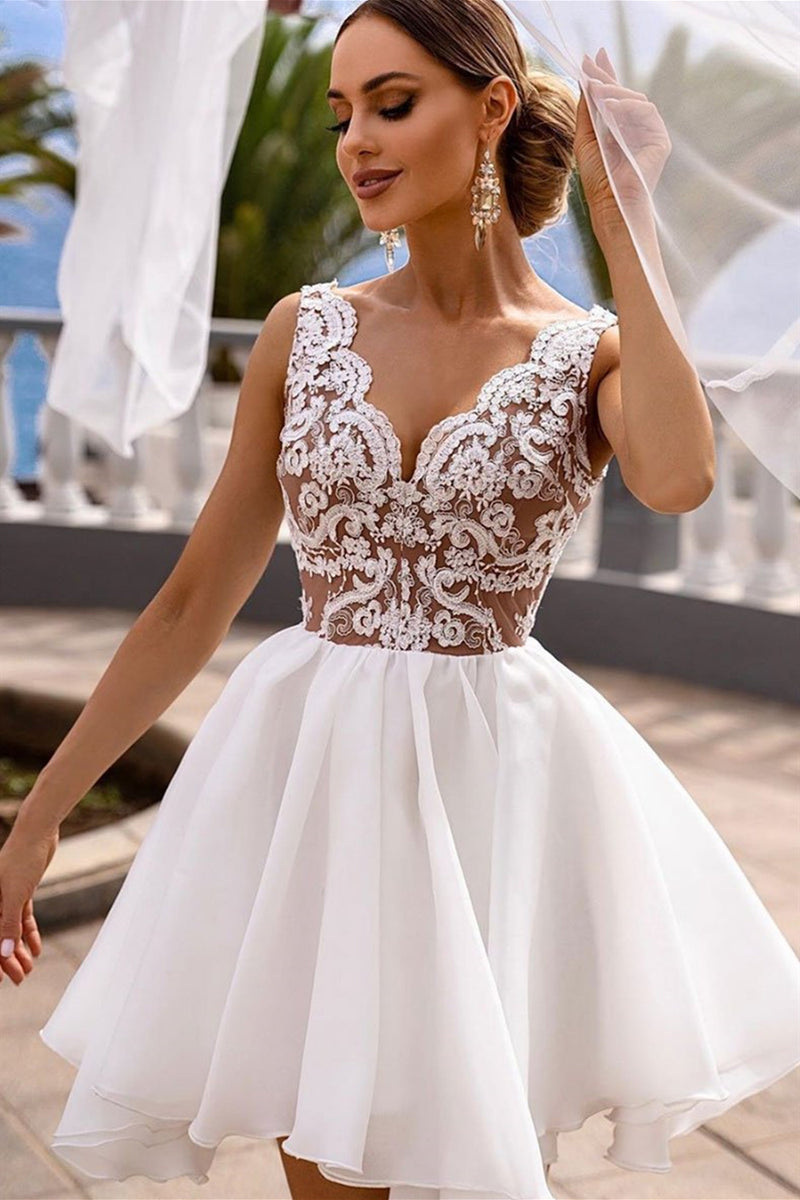 Cute V Neck White Lace Short Prom Dresses, White Lace Homecoming Dress – Eip Collection