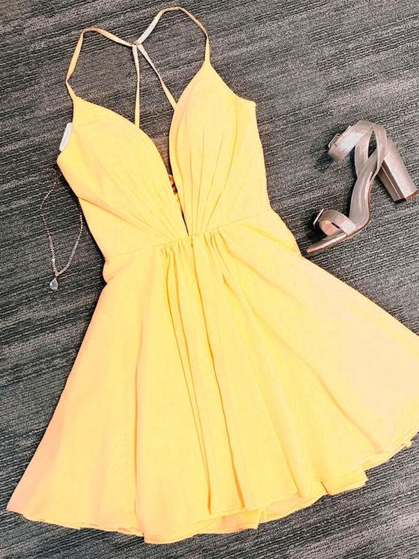 Deep V Neck Short Yellow Black Prom Dresses, Short Backless Formal Hom Eip Collection Deep V Neck Short Yellow Black Prom Dresses, Short Backless Formal Hom Eip Collection