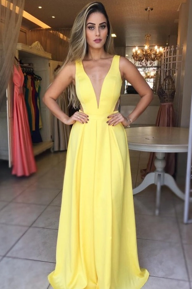 open lace back dress Elegant Deep V Neck Yellow Long Prom Dresses, V Neck Yellow Formal Gra –  Eip Collection