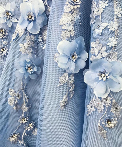 Elegant Off Shoulder Blue Lace Floral Long Prom Dresses, Off the Shoulder 3D Flowers Blue Formal Evening Dresses
