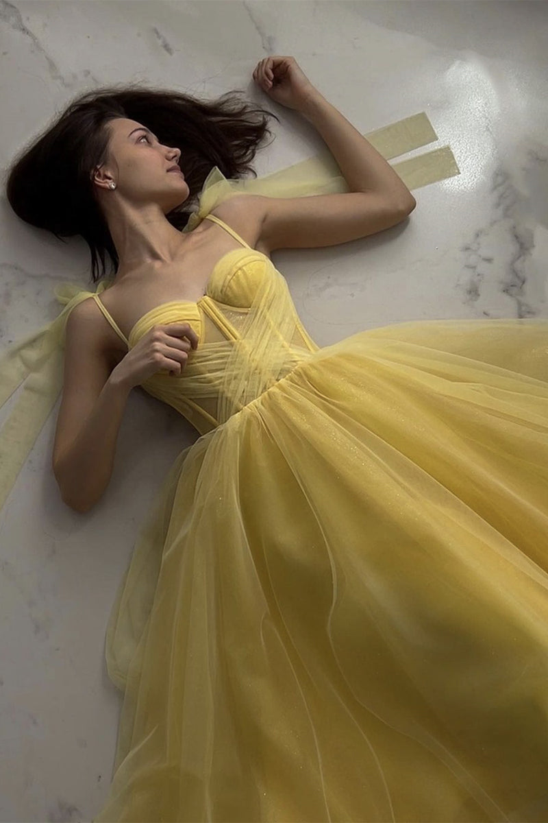 Yellow Tulle With Lace Sweetheart Long Evening Dress, Yellow Tulle Evening Prom Dress