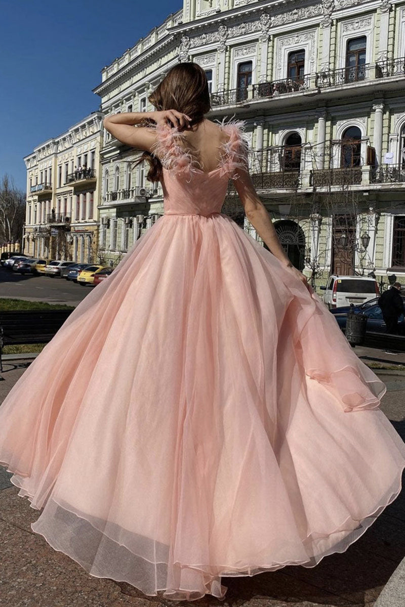 Elegant Pink Long A Line V Neck Tulle Lace Open Back Formal Graduation Prom Dresses main image 0