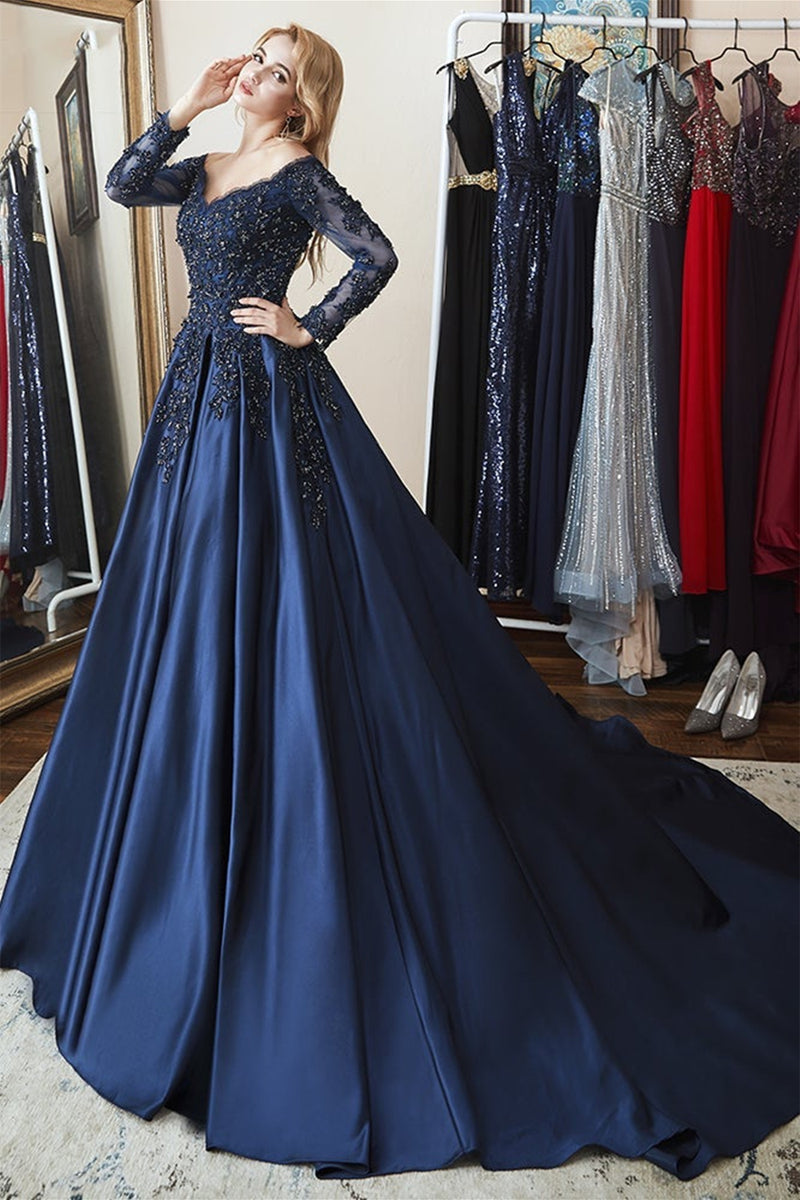 Gorgeous Long Sleeves Navy Blue Lace Beaded Long Prom Dresses, V Neck
