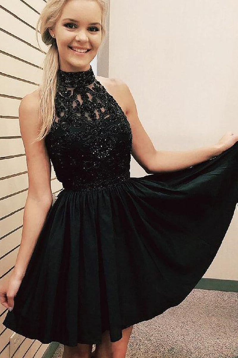 Short black lace prom dress sale