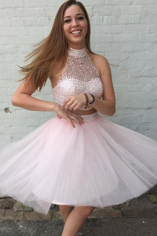 High Neck Two Pieces Beaded Pink Short Prom Homecoming Dresses, 2 Pieces Pink Formal Dresses, Pink Evening Dresses EP1594