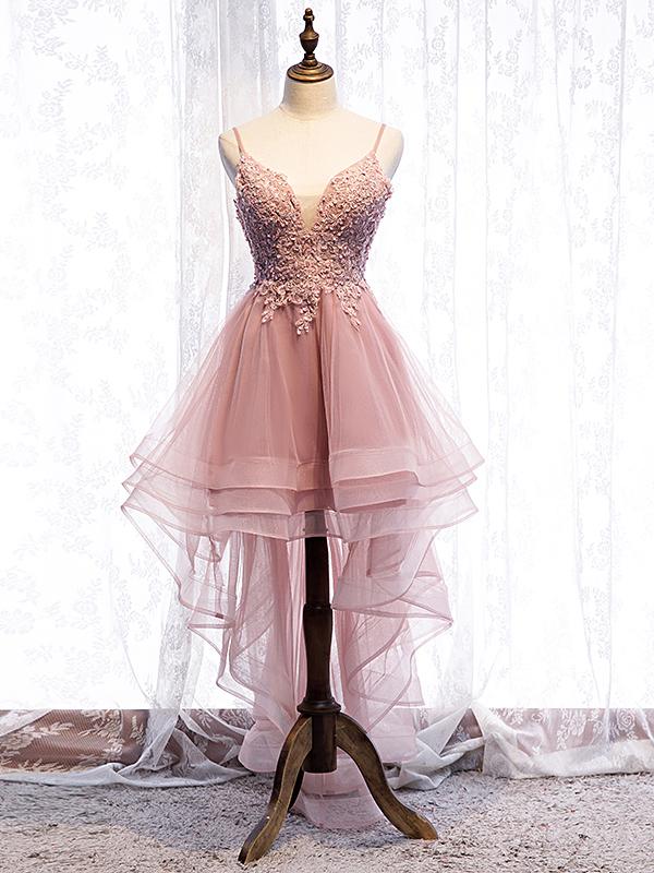 light pink lace homecoming dresses Mid Length Pink Lace Homecoming Dresses Modest Wedding Guest Dress ARD1594 main image 0