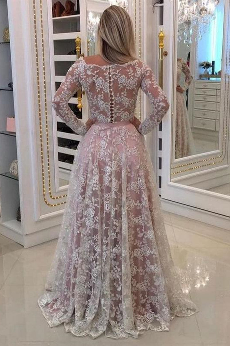 long pink dresses with lace sleeves Long Sleeves Pink Lace Long Prom Dresses, Pink Lace Formal Dresses, Pi –  Eip Collection