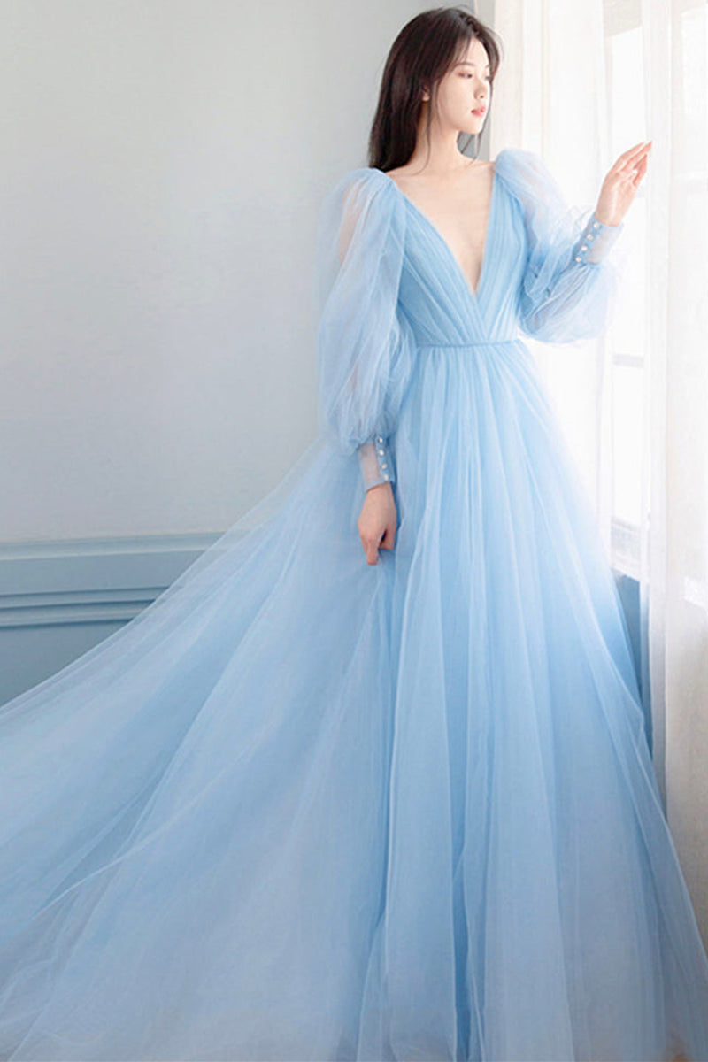 Long Sleeves V Neck Light Blue Tulle Long Prom Dresses, Long Sleeves B Eip Collection Long Sleeves V Neck Light Blue Tulle Long Prom Dresses, Long Sleeves B Eip Collection