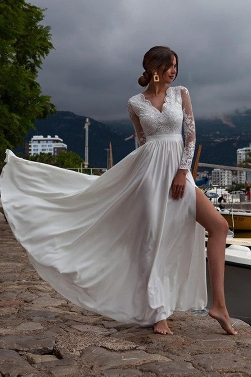 Long Sleeves V Neck White Lace Long Prom Dresses, White Lace Formal Gr