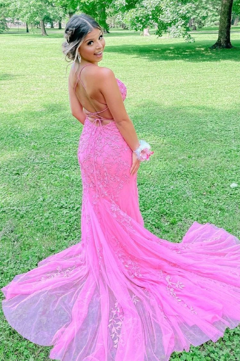 Mermaid V Neck Pink Lace Floral Long Prom Dresses, Mermaid Pink Formal Dresses, Pink Lace Evening Dresses EP1718 main image 1