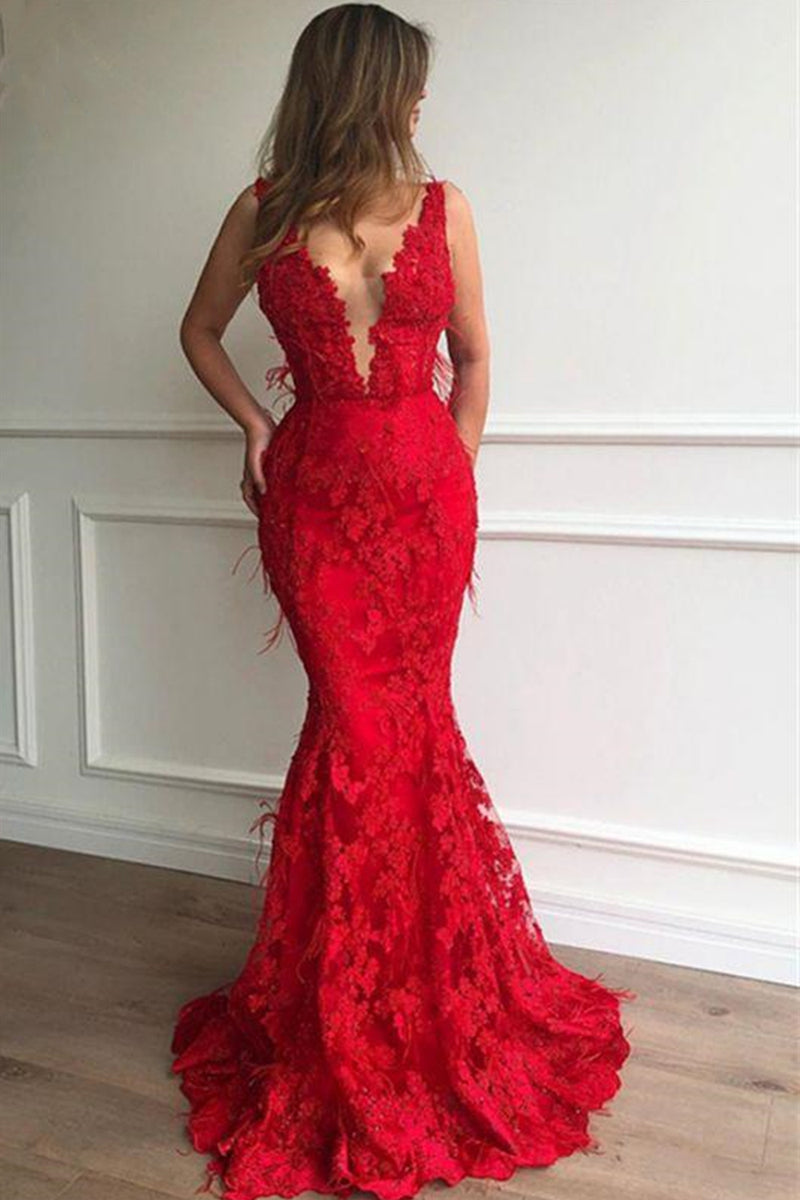Red v neck best sale mermaid prom dress