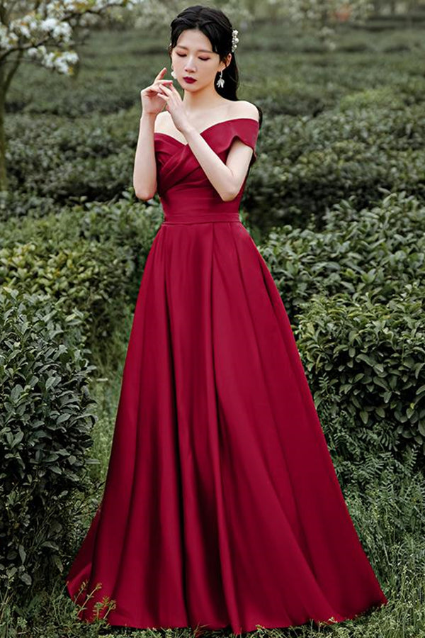 Off Shoulder Dark Red Satin Long Prom Dress, Off the Shoulder Dark Red Eip Collection Off Shoulder Dark Red Satin Long Prom Dress, Off the Shoulder Dark Red Eip Collection