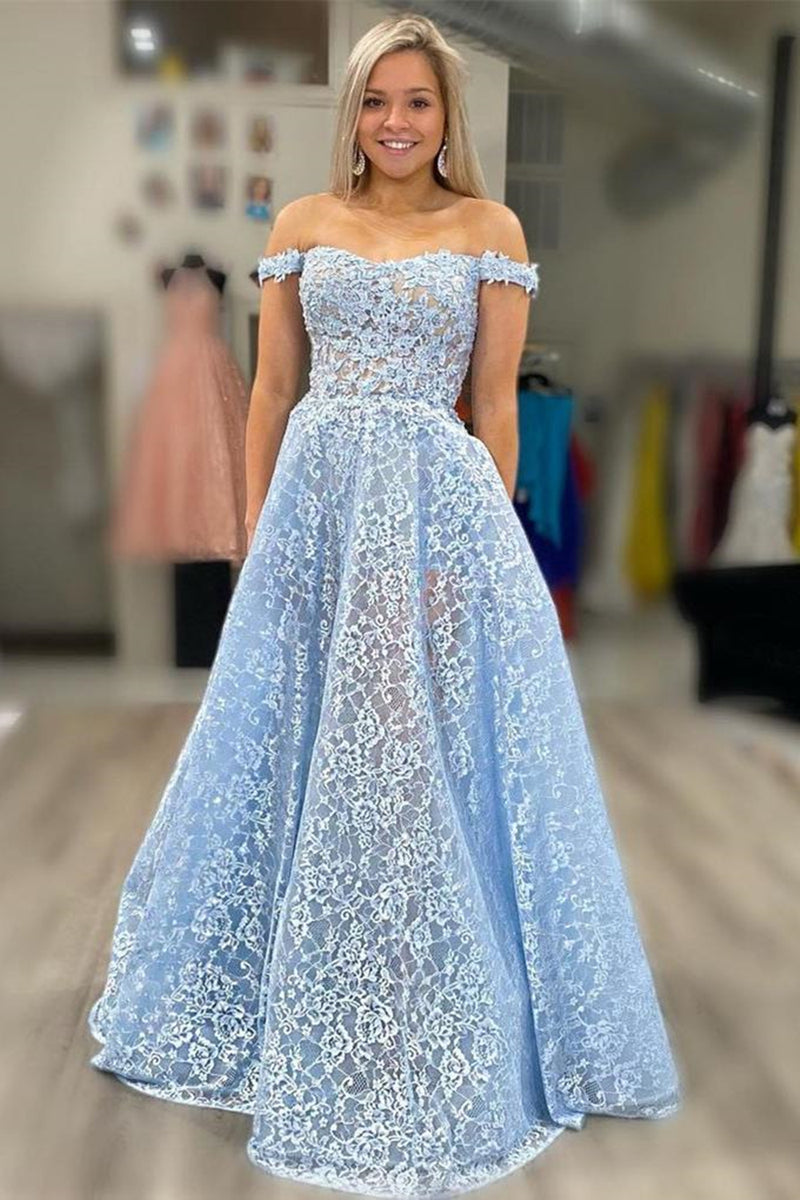 Off Shoulder Light Blue Lace Long Prom Dresses, Off Shoulder Blue Form