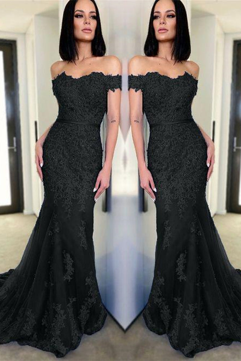 Off Shoulder Mermaid Black Lace Long Prom Dresses, Mermaid Black Forma –  Eip Collection