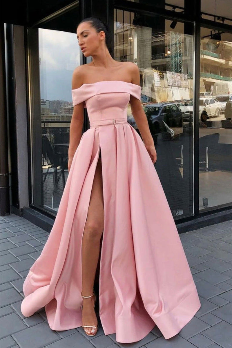women's light pink off the shoulder dress for school Off Shoulder Pink Satin Long Prom Dresses with High Slit, Off the Shou – Eip Collection