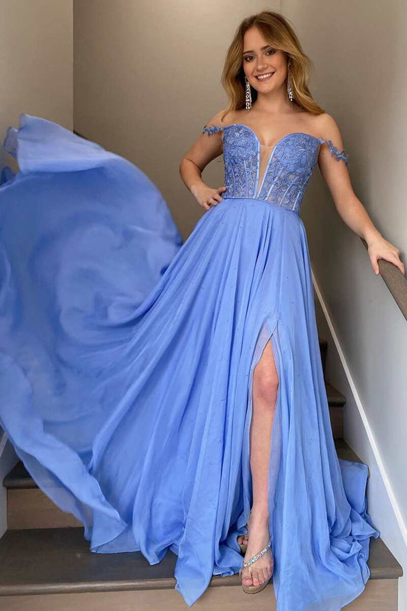 Off Shoulder V Neck Blue Lace Long Prom Dresses with High Slit, Blue L ...