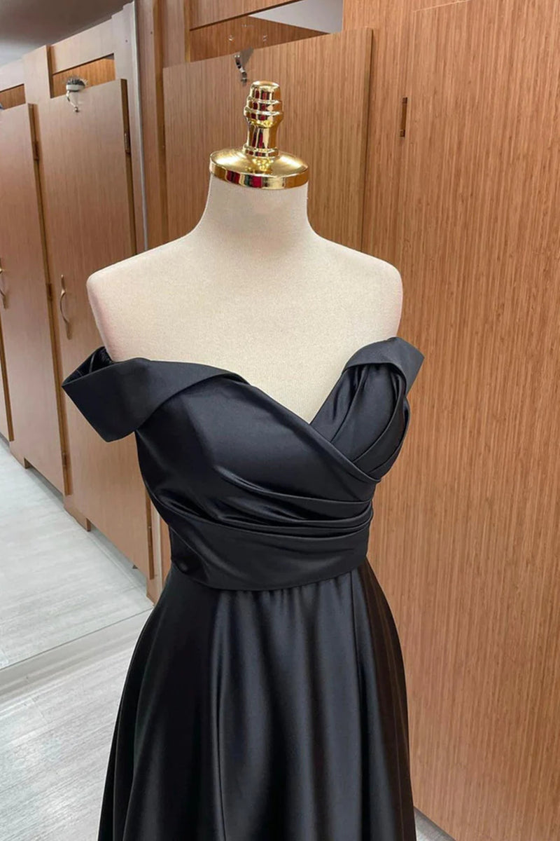 Off the Shoulder Black Satin Long Prom Dresses, Black Off Shoulder For