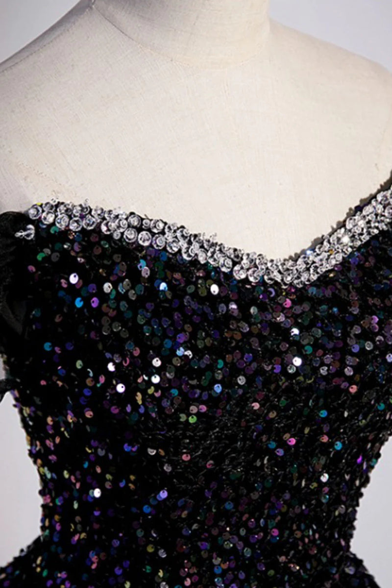 Black Sequins Off the Shoulder Short Sleeve Formal Prom Dress