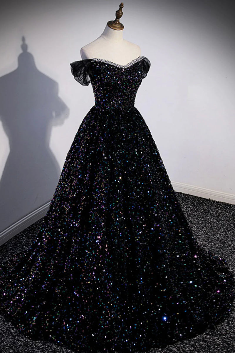 Off the Shoulder Black Sequin Prom Dresses, Black Long Formal Evening