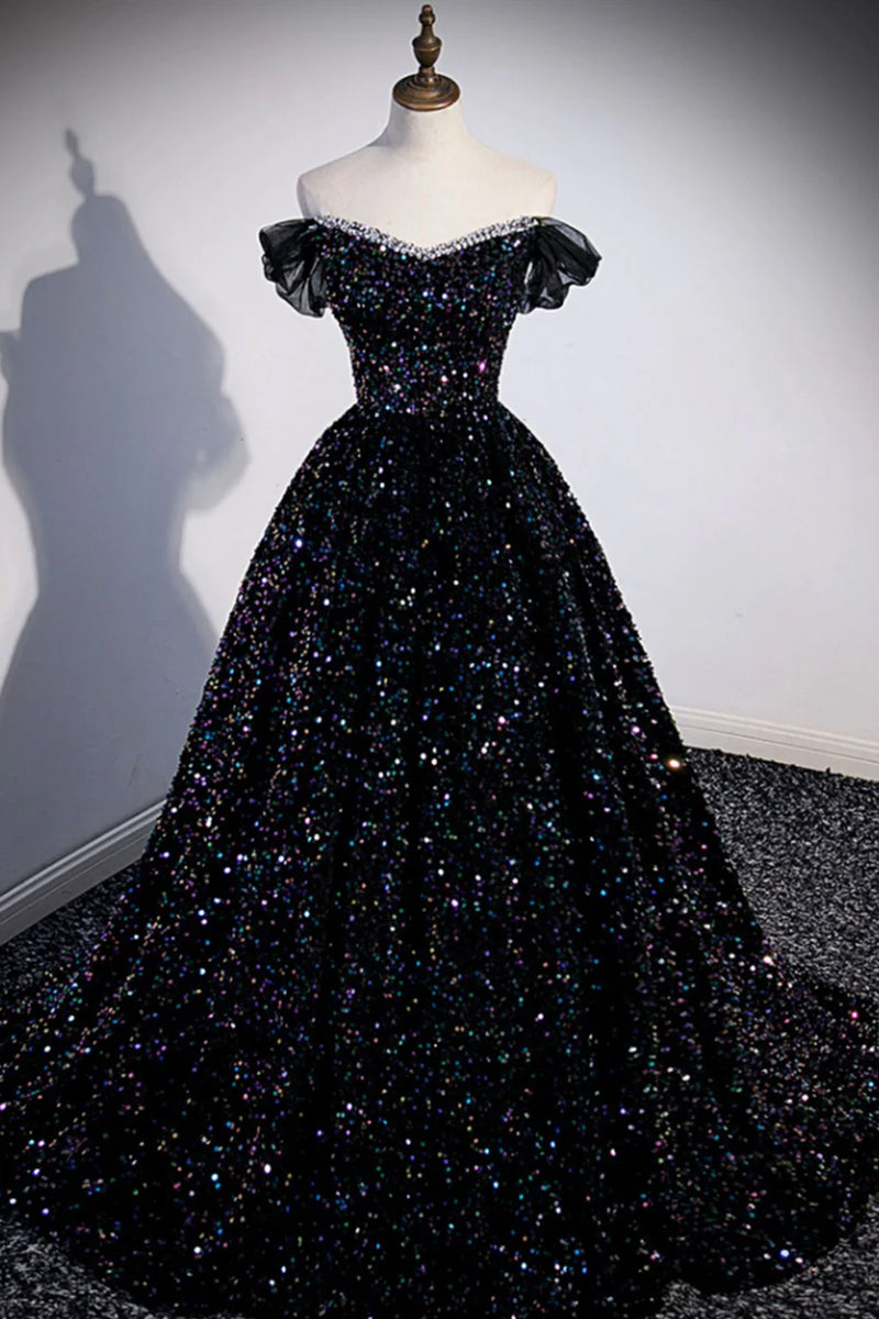 Off the Shoulder Black Sequin Prom Dresses, Black Long Formal Evening