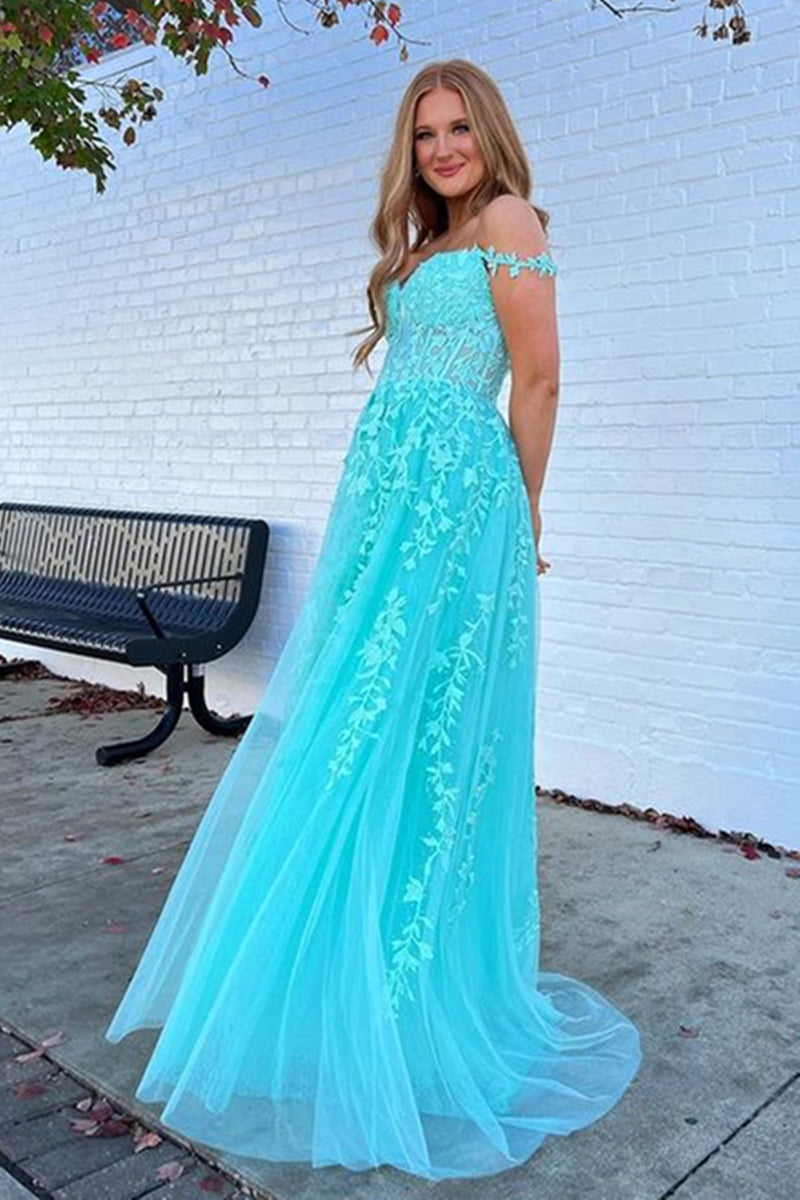 Off the Shoulder Blue Lace Prom Dresses, Off Shoulder Blue Lace Formal