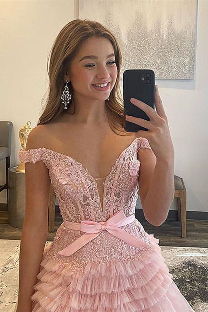 Off the Shoulder Pink Lace Prom Dresses, Off Shoulder Pink Tulle Lace
