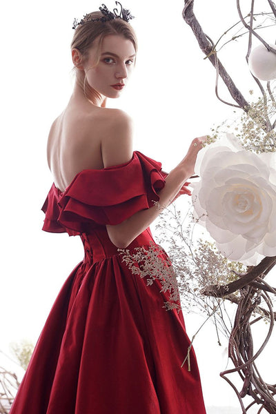 Off the Shoulder Red Satin Long Prom Dresses, Off Shoulder Red Formal Evening Dresses, Red Bridesmaid Dresses EP1330