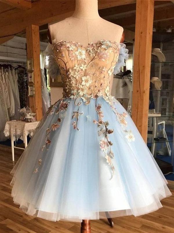 Off the Shoulder Short Blue Lace Floral Prom Dresses, Off the Shoulder Eip Collection Off the Shoulder Short Blue Lace Floral Prom Dresses, Off the Shoulder Eip Collection