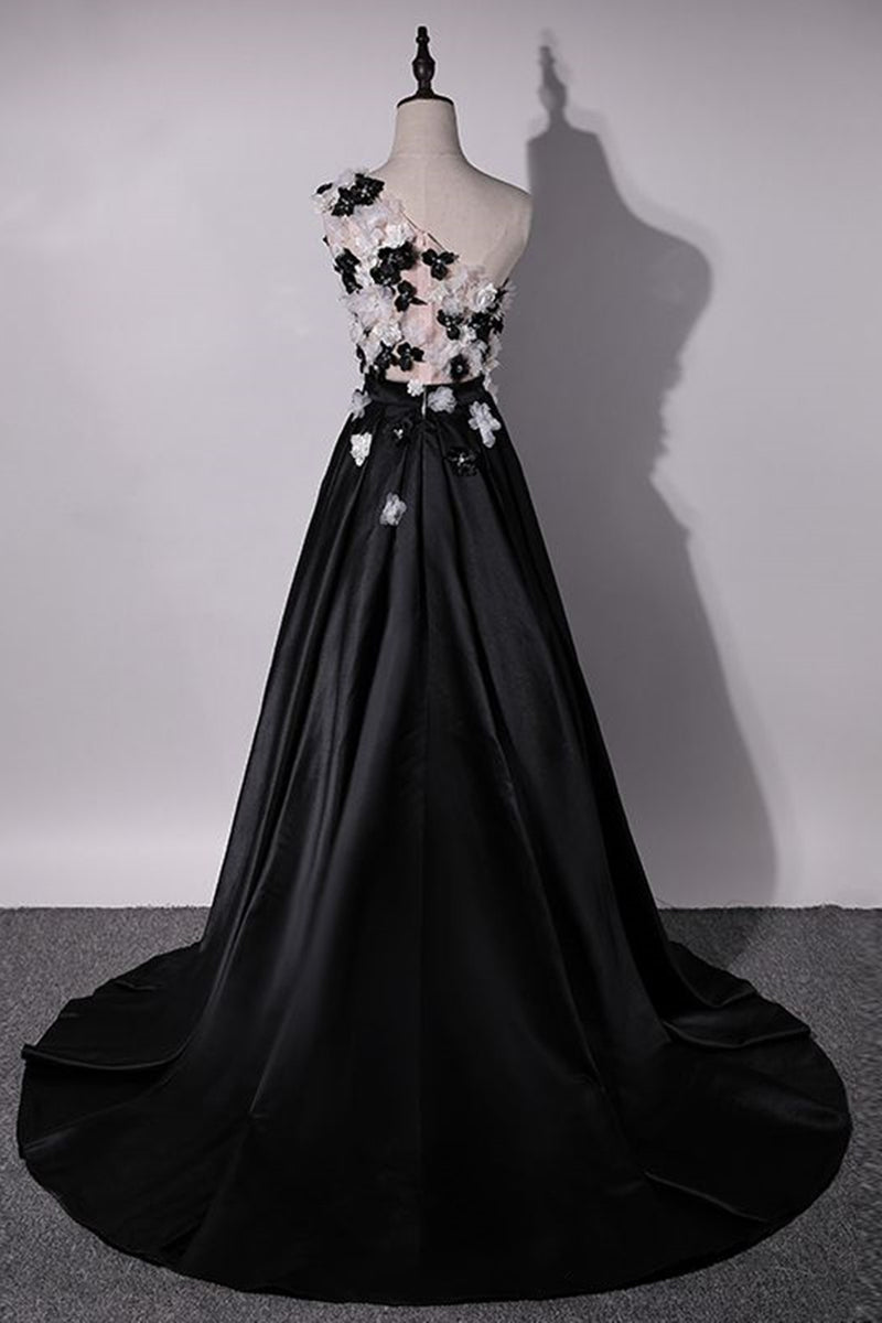 One Shoulder Floral Black Long Prom Dresses Black Floral Formal