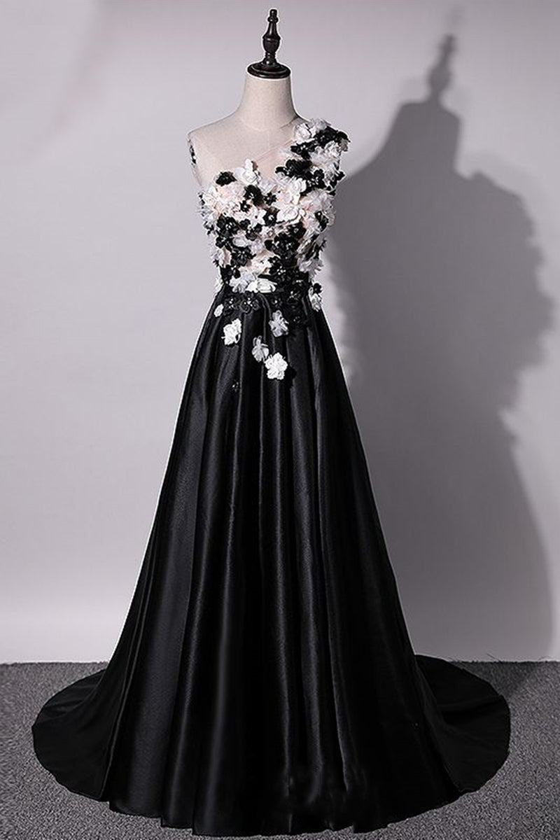 One Shoulder Floral Black Long Prom Dresses, Black Floral Formal Dress –  Eip Collection