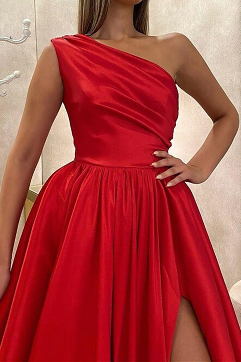 One Shoulder Red Long Sleeve Prom Dress Wedding Guest Dress main image 1