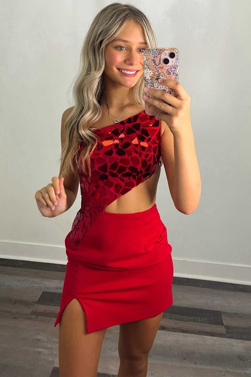 One Shoulder Short Frill Dress Red main image 1