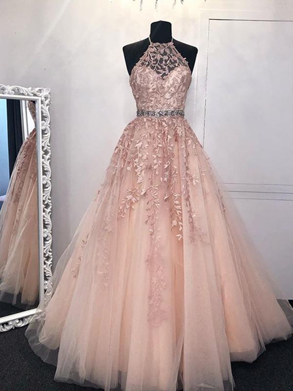Pink Halter Neck Lace Prom Dresses, Pink Halter Neck Long Lace Formal Eip Collection Pink Halter Neck Lace Prom Dresses, Pink Halter Neck Long Lace Formal Eip Collection