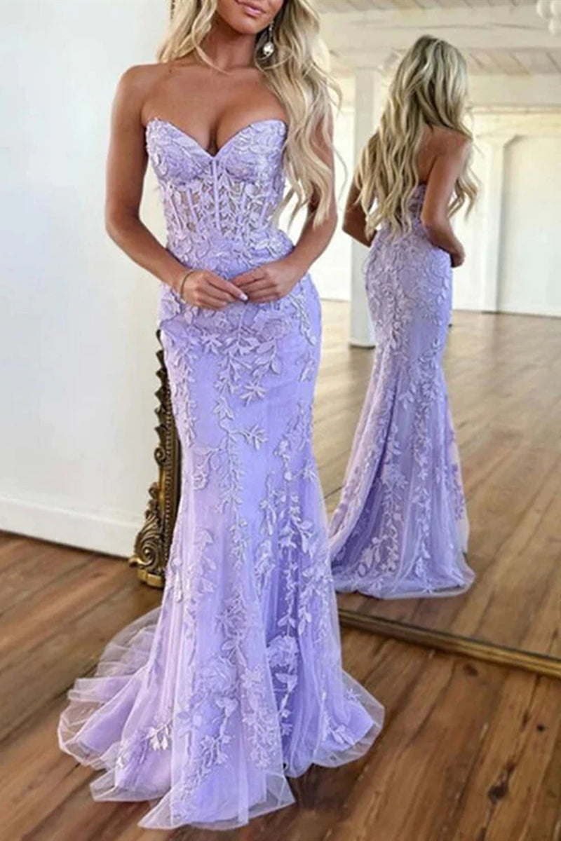 Purple Lace Mermaid Sweetheart Neck Tulle Long Prom Dress